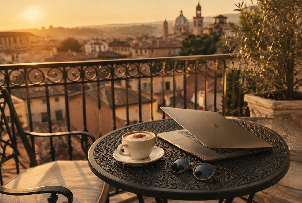 Laptop and cappuccino on a hotel balcony at golden hour