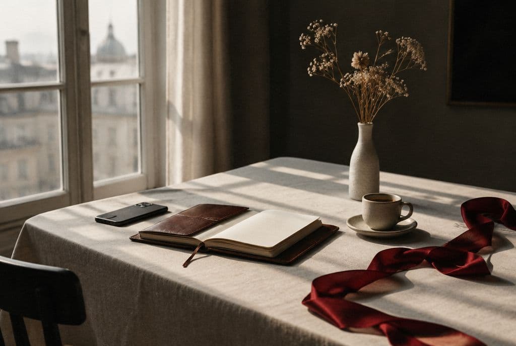 Morning light on a writing desk with a notebook and espresso