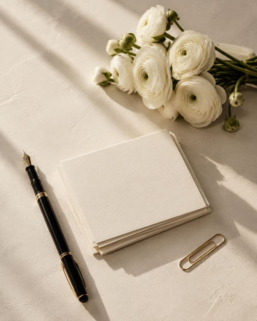 Cream stationery with a fountain pen and white flowers